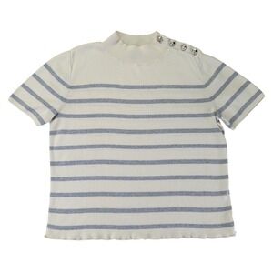 Talbots Womens Medium Striped Mock Neck Short Sleeve Sweater Silver Button Cream